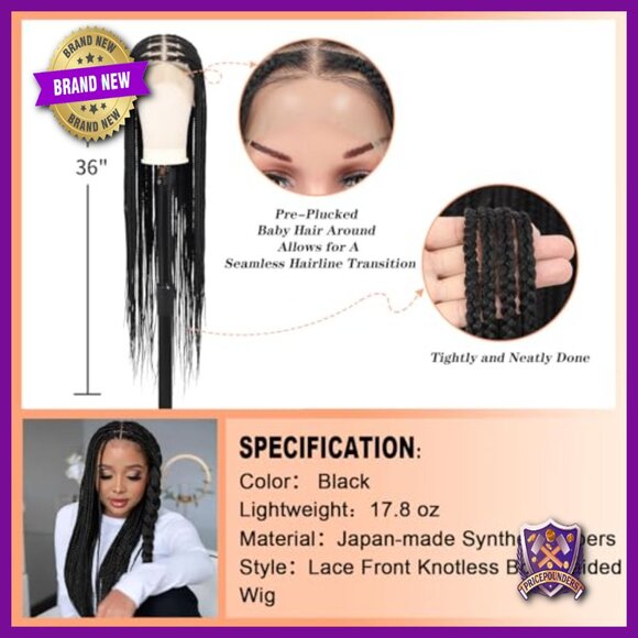 Knotless Box Braid Wig 36 Inch HD Lace Front Synthetic Human Hair Blended